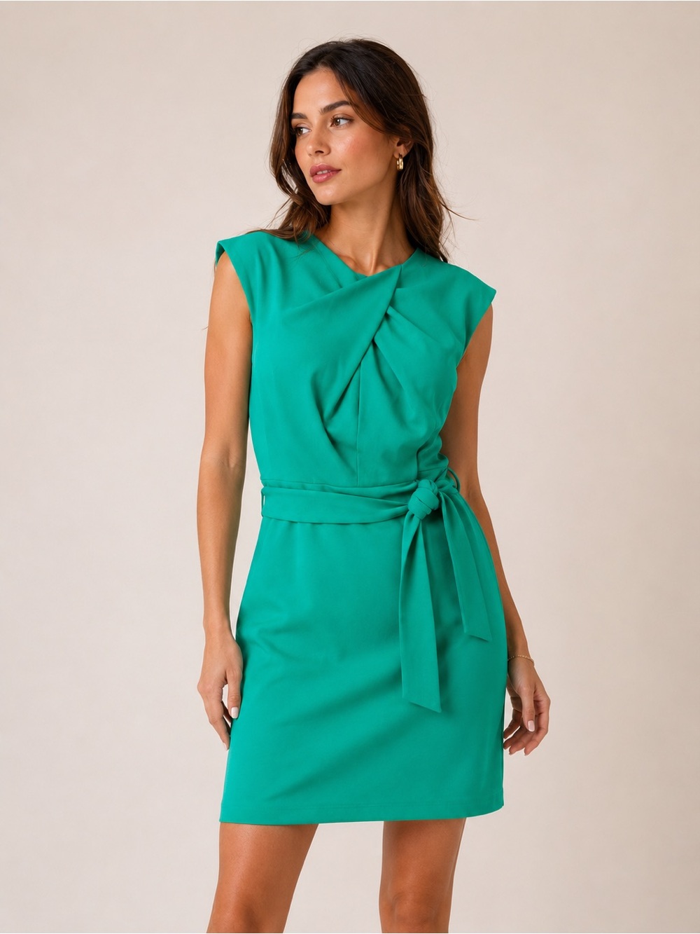 Tahari ASL Emerald Green‎ Cap-Sleeve Tie-Waist Mini Dress - Picture 1 of 8
